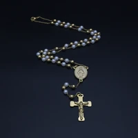 jsbao 50cm chain stainless steel simulated pearlry bead chain rosary jesus christ cross pendant long necklace women jewelry