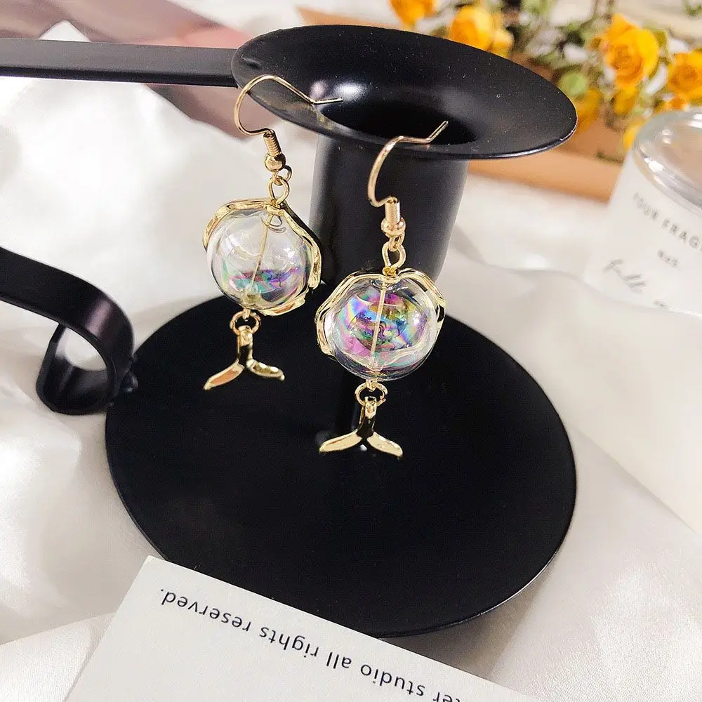 Сладкий корейский Русалка стеклянный шар Висячие Серьги Геометрические рыбий