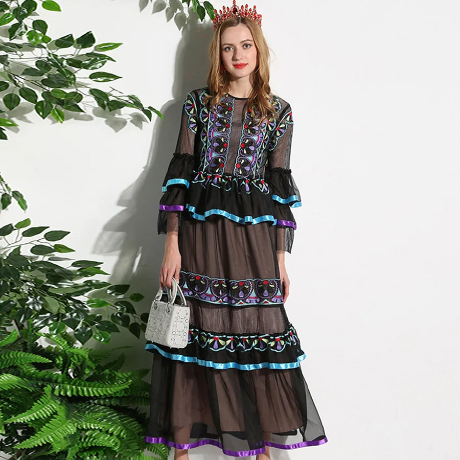 Платье с длинным рукавом винтажное синее фиолетовое цветочным принтом|fashion long