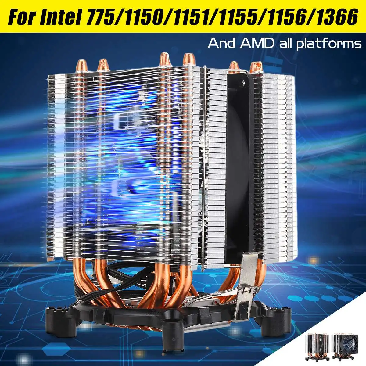 6xCopper тепловые трубки Blue светильник 3/4Pin Процессор Вентилятор охлаждения один двойной вентилятор радиатора для Intel 775/1150/1151/1155/1156/1366 для AMD
