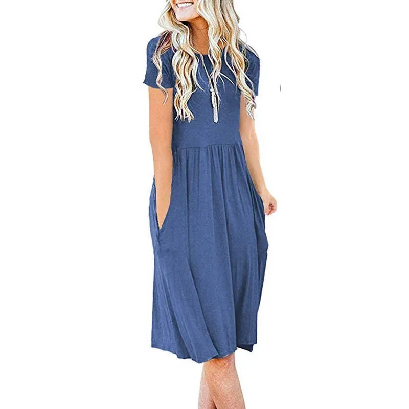 ENXI 2019 Summer 10 Colours Maternity Dresses Women's Short Sleeve Pocket High Waist Fold Leisure Time Horn Dress | Мать и ребенок