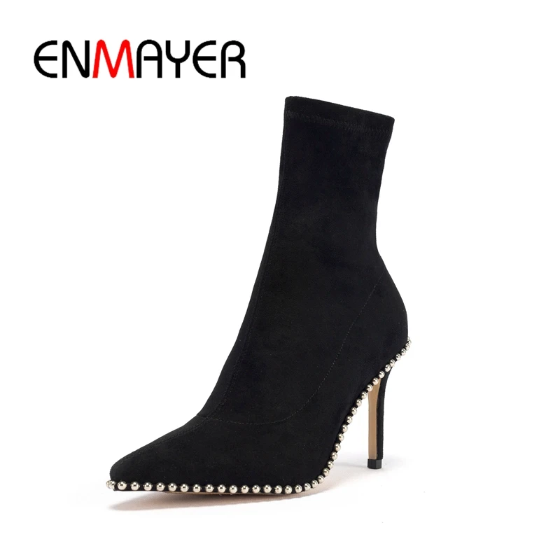

ENMAYER Top quality women kid suede solid pointed toe slip-on ankle boots lady thin heel fashion boots ZYL769