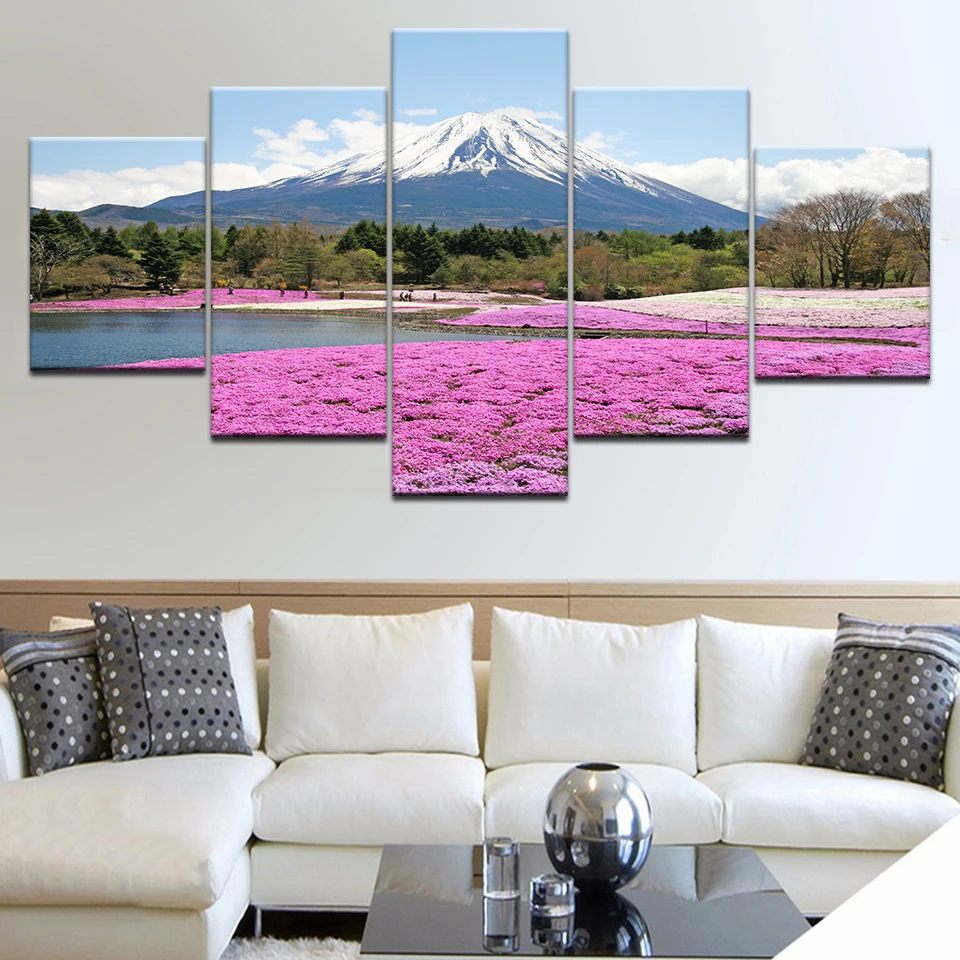 5 панелей HD Печать деревьев и цветов под заснеженной горой печать на холсте