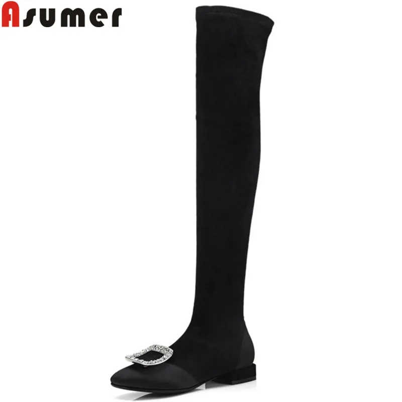

ASUMER black fashion over the knee boots women square toe rhinestone ladies boots low heel stretch fabric6+suede leather boots