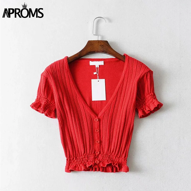 Aproms, элегантная, v-образная горловина, ребристая, Вязанная, укороченная блузка, рубашка, женская, с оборками, короткий рукав, кардиган с пуговицами, женский, облегающий, кроп-топ - Цвет: Красный