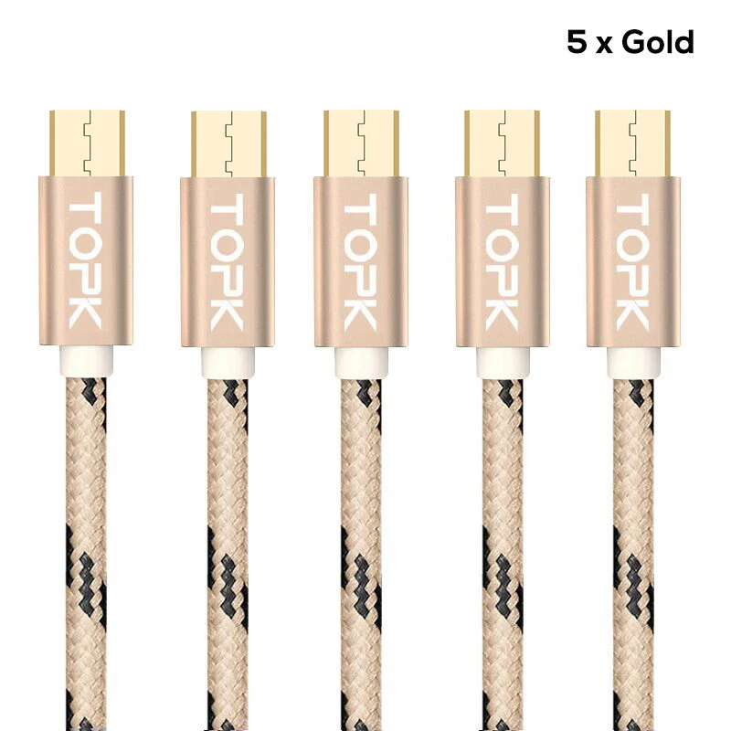 TOPK 5 шт микро USB кабель ультра прочный и кабель для передачи данных нейлоновая оплетка USB ЗУ для мобильного телефона кабель для samsung htc huawei - Цвет: 5 PCS Gold