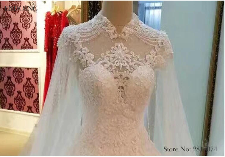 

Real Photo Vestidos De Novia Ball Gown Wedding Dresses High Neckline Royal Train Plus Size With Lace Appliques Beaded