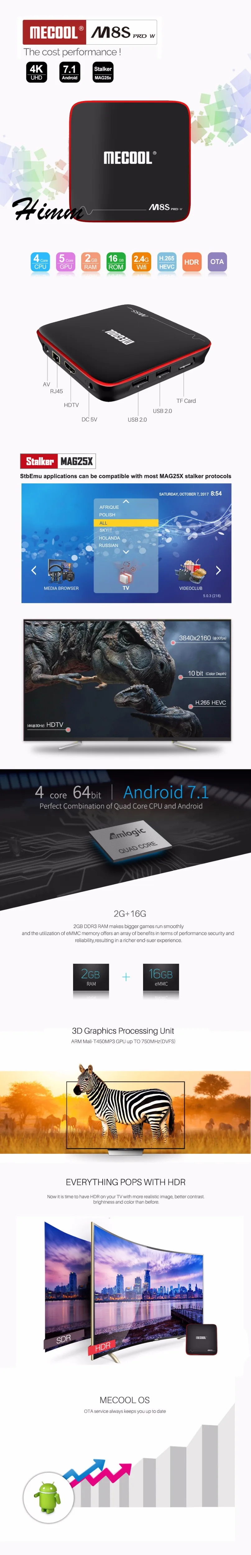 M8S PRO W Smart tv Box Amlogic S905W Процессор четырехъядерный 2 Гб ОЗУ DDR4 16 ГБ Android 7,1 ТВ приставка 2,4 ГГц WiFi 4K H.265 M8S