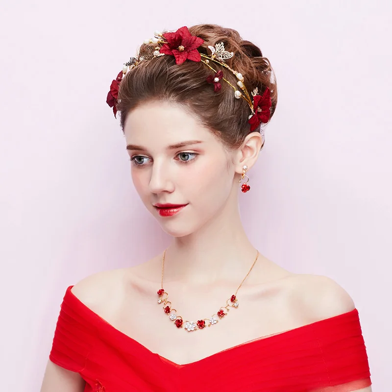 Свадебные прически с красными цветами свадебные аксессуары для волос листьями и