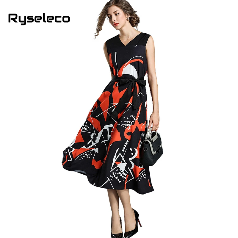 

Ryseleco Women European Quality Geometric Prints Sleeveless Tank Dresses Ladies Sexy Both V-neck Swing Midi Vestidos OL Casual