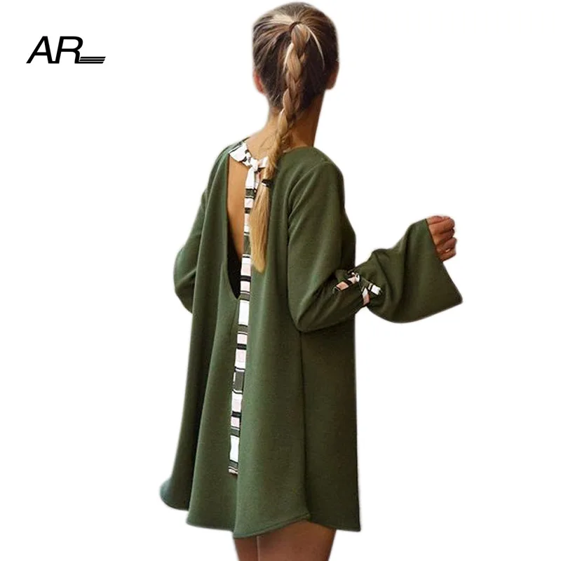 AR Sexy Backless Bandage mini Dress Summer Womens Long Sleeve Bow Cuff Solid Loose Dresses Women O-Neck Casual Short | Женская одежда