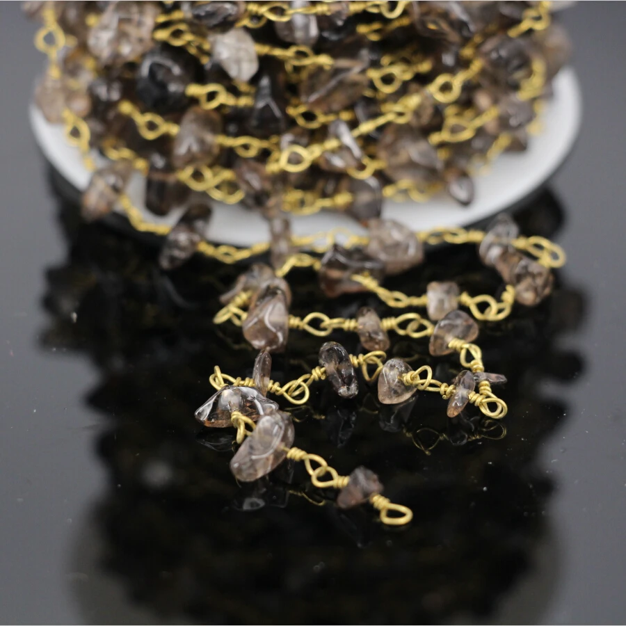 

5Meter,Natural Smoky Quartz Rosary Chain,fashion Smoky Crystal Chip Beads Link Brass Wire Wrapped Chains DIY Jewelry Findings