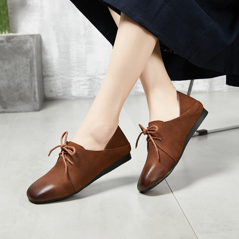 2019 spring new square head leather casual lace shoes low heel soft bottom women's | Обувь