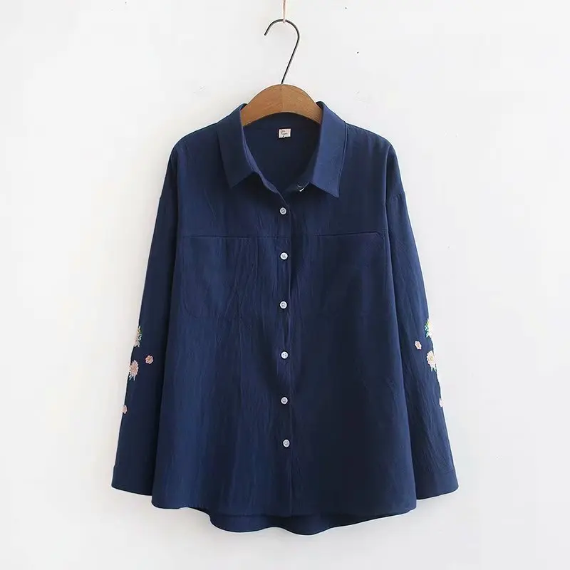 Plus Size Casual Blouses 2019 Autumn Women Fashion Loose Long Sleeve Washable cotton embroidery Shirts S83-061 |