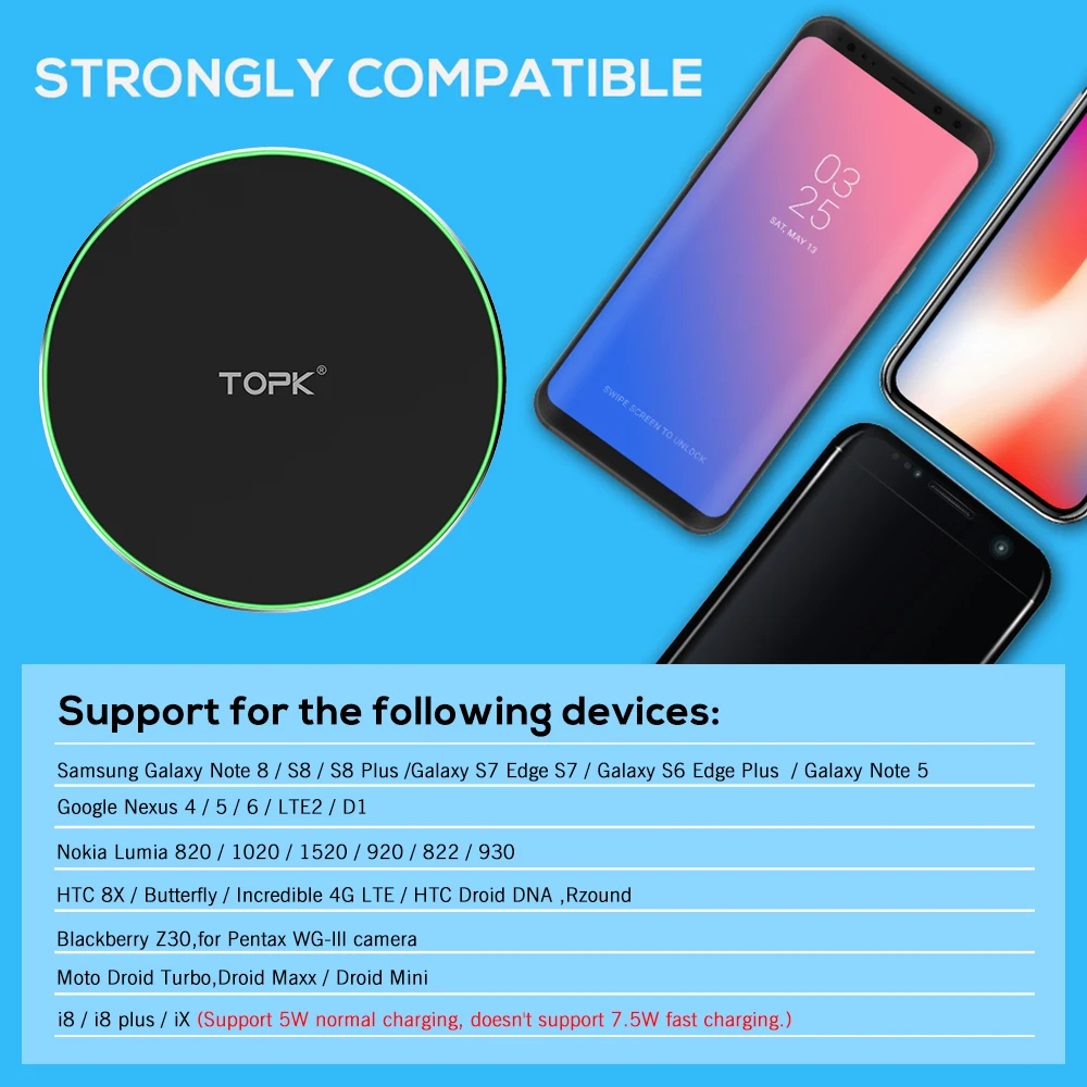 TOPK 10 Вт Беспроводной Зарядное устройство для iPhone 8/X быстро зарядки samsung S8/S8 +/S7 край
