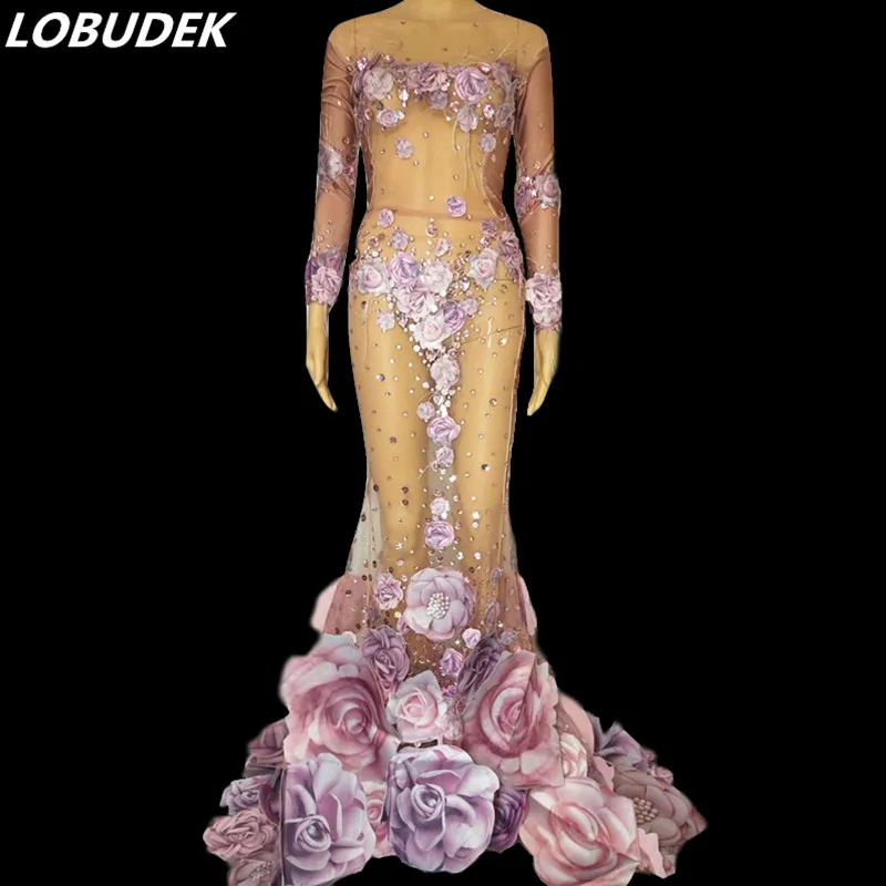 Сексуальное прозрачное Сетчатое длинное платье с розово фиолетовыми цветами и