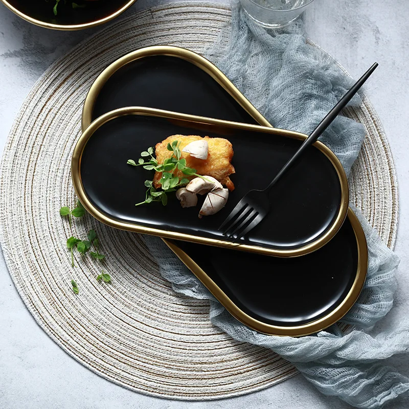 

1pc European Style Dinner Plate Black Ceramic Rice Plate with Gold-edge Minimalist Dinnerware Pasta Dish Decorative Plate