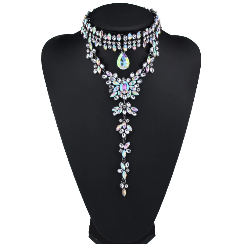 AB Color 2 Роскошное ожерелье с кулоном из кристаллов винтажная Длинная цепочка Bijoux воротник Массивное колье для женщин Трендовое этническое свадебное ювелирное изделие - Окраска металла: AB Color 2