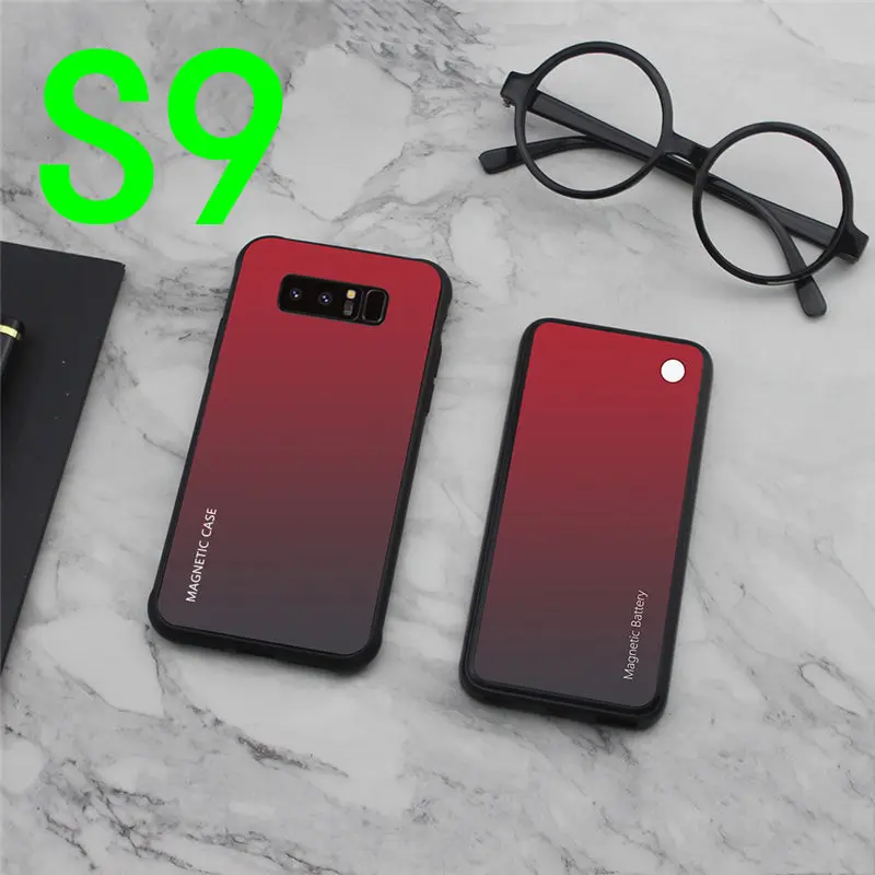 S9-Red Тонкий градиентный магнитный беспроводной Чехол для зарядного устройства из закаленного стекла для samsung Galaxy S8 S9 Plus power Bank чехол для зарядки аккумулятора - Цвет: S9-Red