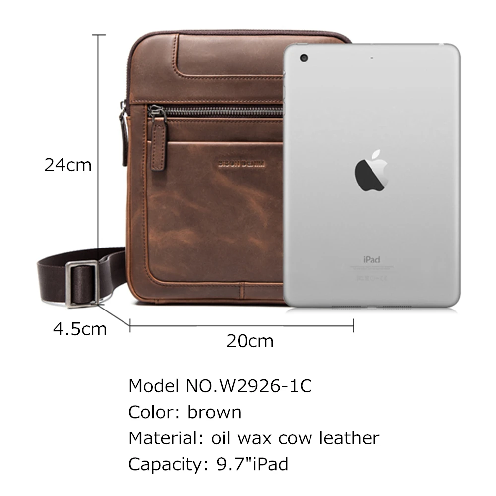 Мужская сумка Кроссбоди BISON DENIM из натуральной кожи деловая через плечо для iPad W2926|