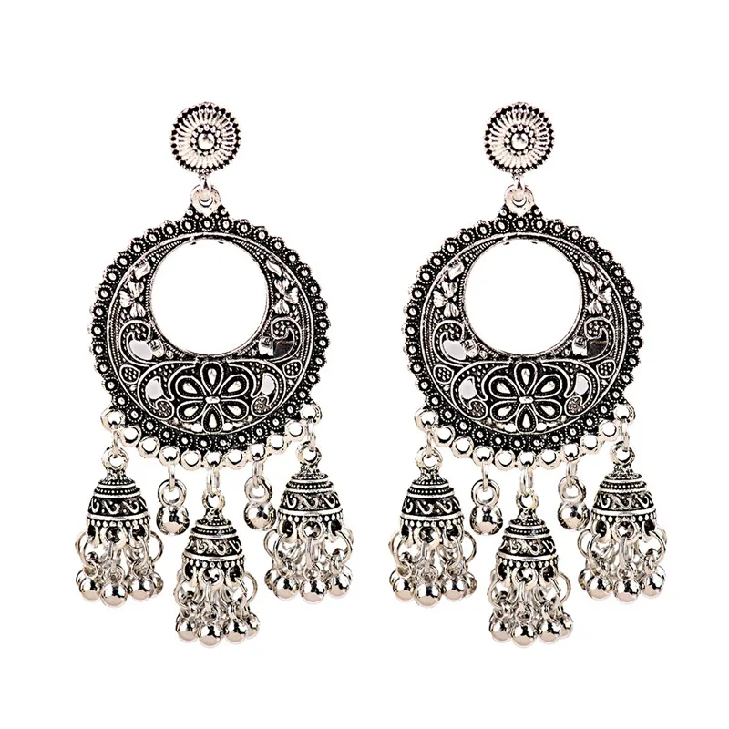 HXE103-2 OIQUEI индийские серьги Jhumka ювелирные изделия для женщин Бохо этнические винтажные круглые резные Большие колокольчики длинные висячие серьги с кисточкой - Окраска металла: HXE103-2
