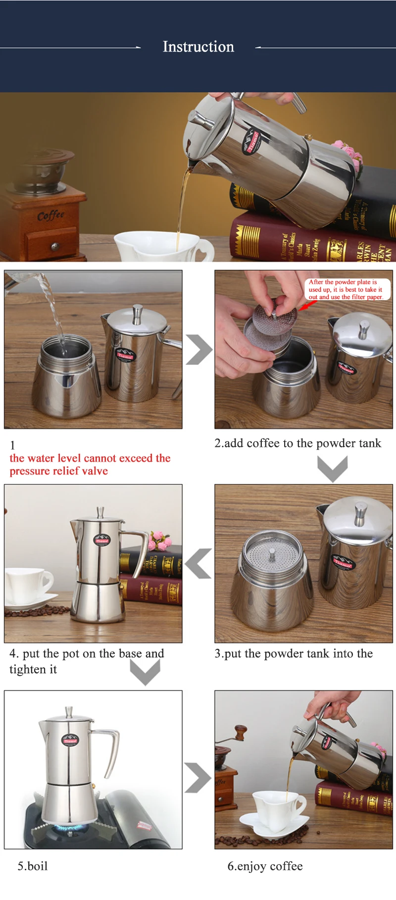 4cup/6cup Кофеварка из нержавеющей стали кофейник 304 Moka горшок бытовой ручной удар горшок фильтр чашка кофе набор фильтр горшок