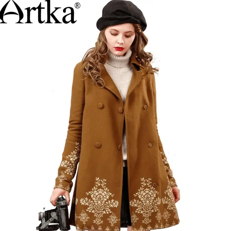 ARTKA, женское осеннее пальто, двубортная ветровка, теплая шерстяная куртка, Женское пальто большого размера, жаккардовое, а-силуэт, верхняя одежда FA10653Q - Цвет: Amber