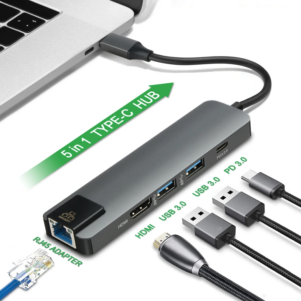 5 в 1 концентратор USB Type C Hdmi PD для Ethernet Gigabit Rj45 Lan адаптер Thunderbolt 3 Macbook Pro зарядное