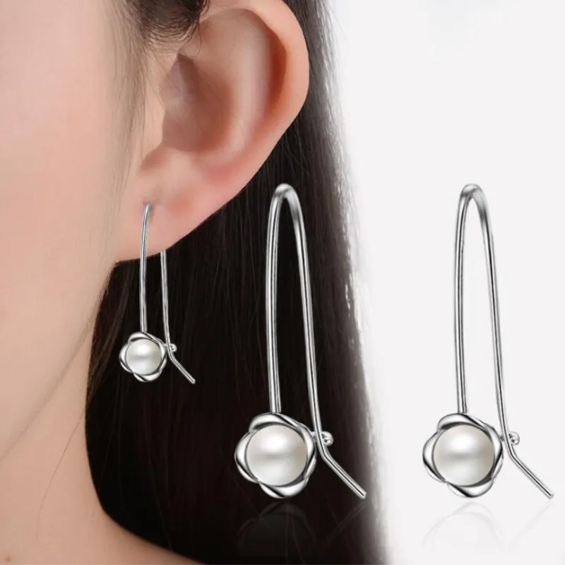 

Fashion Temperament Pearl Inlaid Ear Hook Silver Plated Jewelry Female Hypoallergenic Flower Gift Dangle Earrings E261