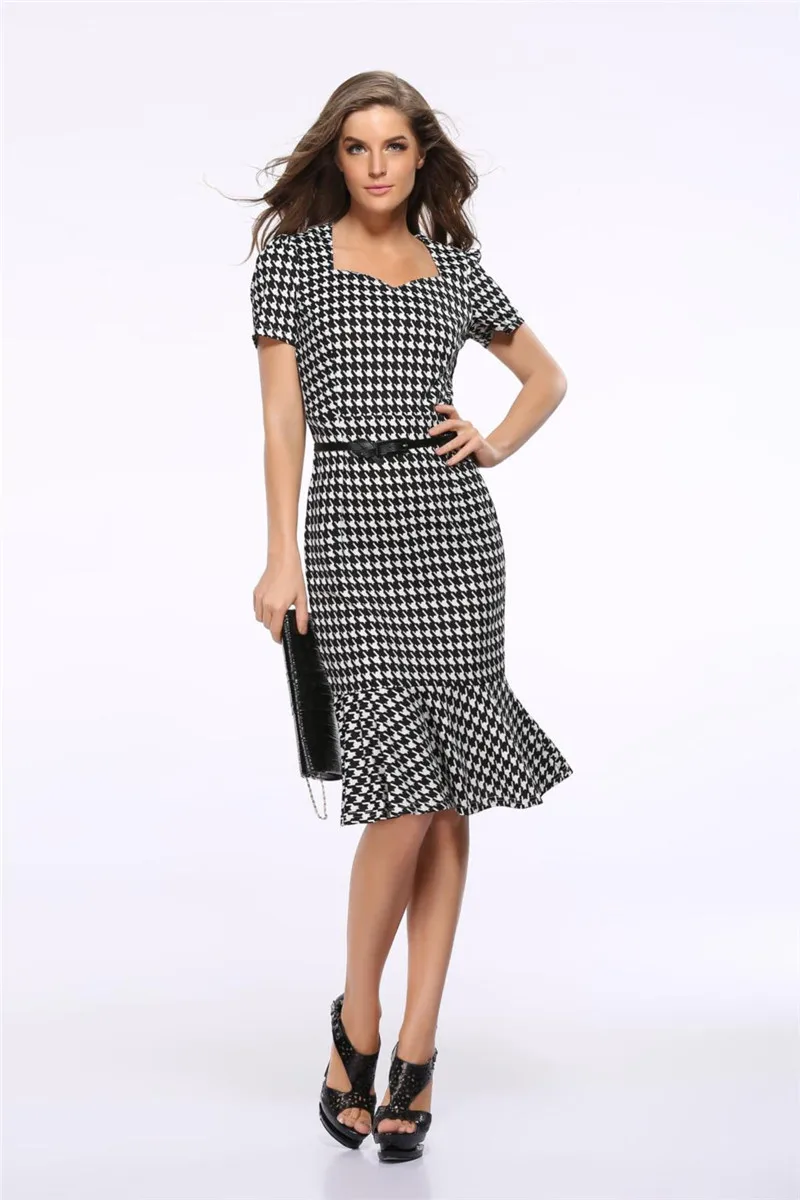 S153 Houndstooth YGYEEG, женское элегантное платье для похудения, для работы, офиса, платье в ломаную клетку, длиной до колена, Русалка, летнее, карандаш, облегающее, вечерние, сексуальное, в сетку, облегающее - Цвет: S153 Houndstooth