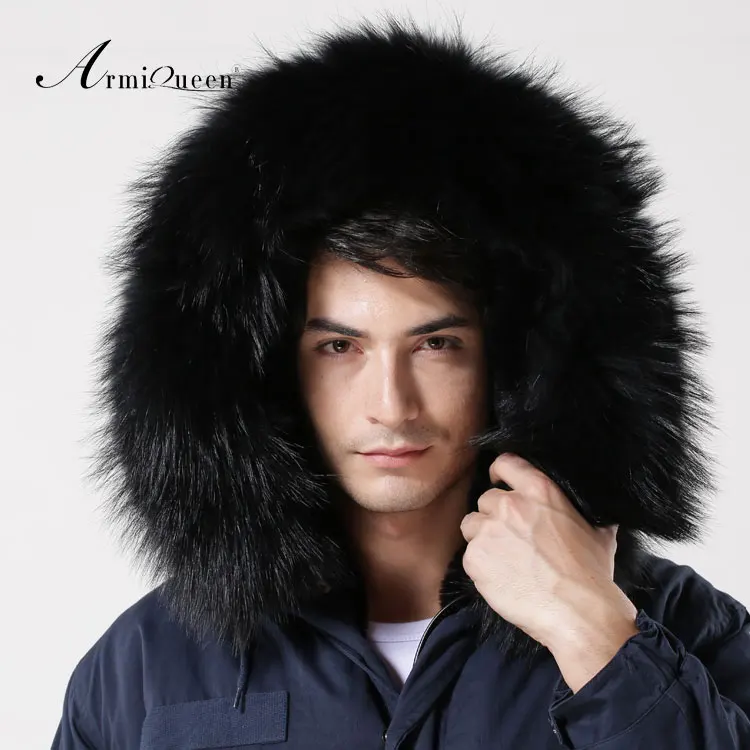 Темно синяя оболочка ткань снаружи черный мех внутри и капюшон мужская стильная