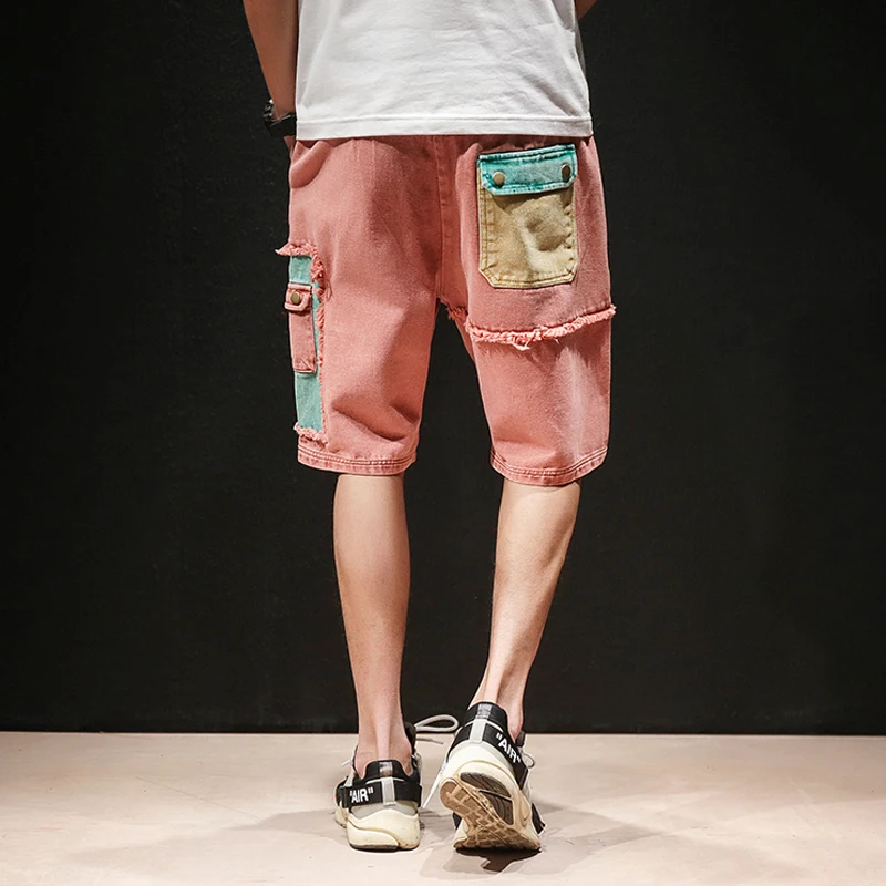 2018 новый дизайн Для мужчин джинсы брюки Лоскутные Drawstring Cargo короткие Прямые