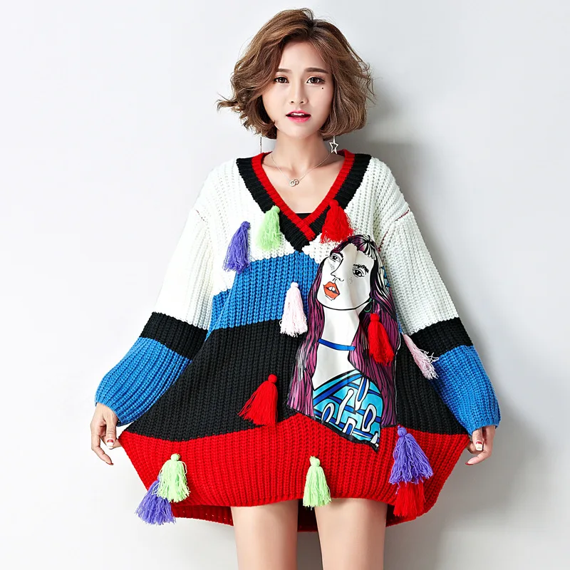 2021 autumn and winter new tide brand women's long section loose printed patch ladies sweater v-neck pullover | Женская одежда