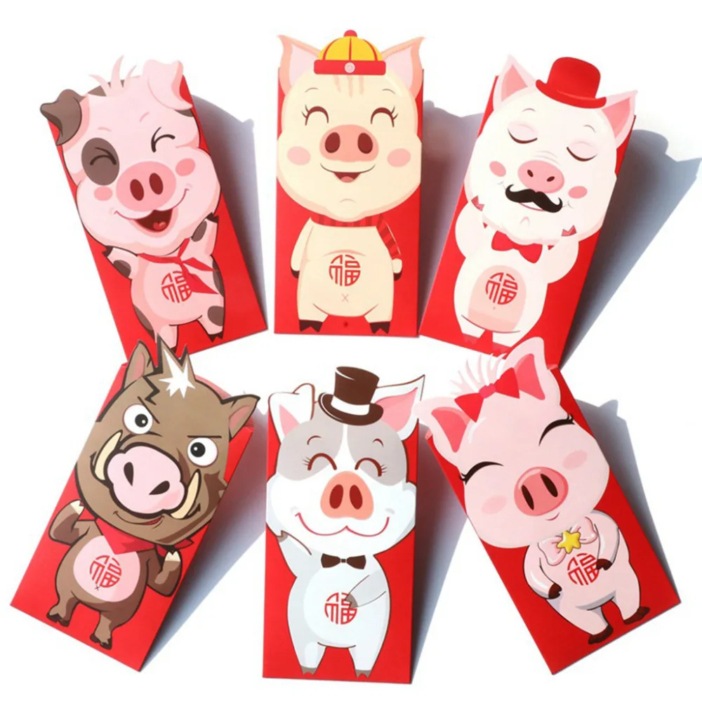 6 шт./компл. красные пакеты 2019 новый год Свинья мультфильм Hong Bao счастливые сумки - Фото №1