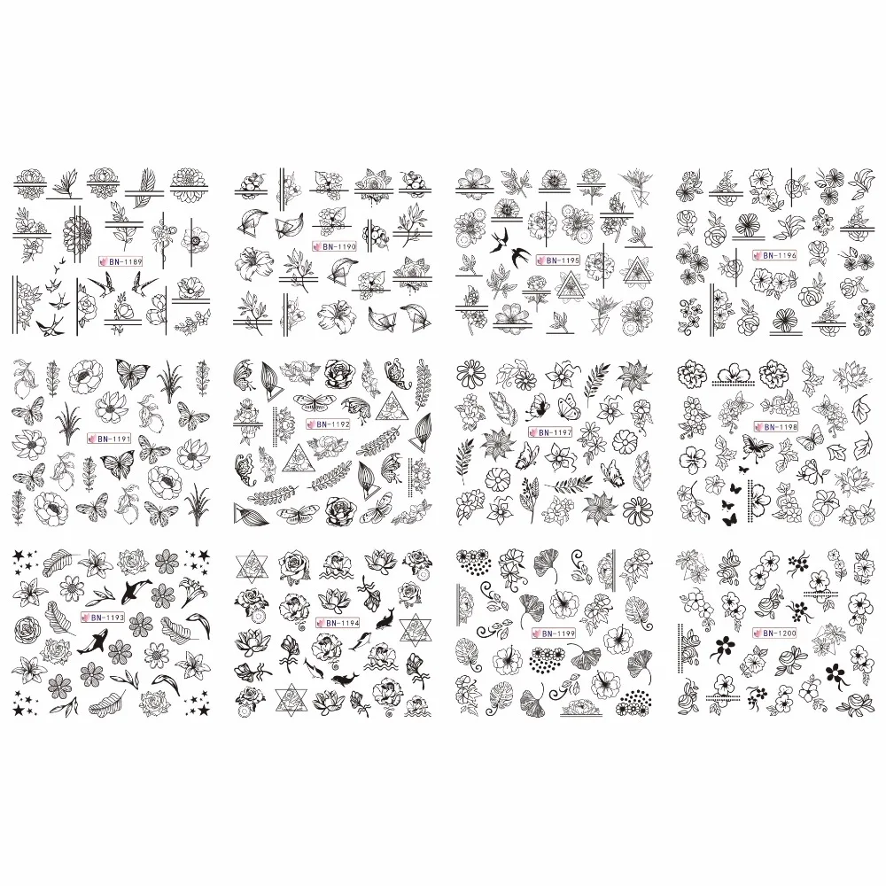 12 упак./лот переводка NAIL ART наклейки на ногти полное покрытие черного цвета с