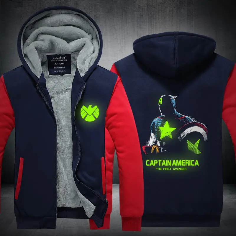 Captain America Costume 2018 Double pile and thick zipper hooded Sweatshirts luminous Jackets for men women | Тематическая одежда