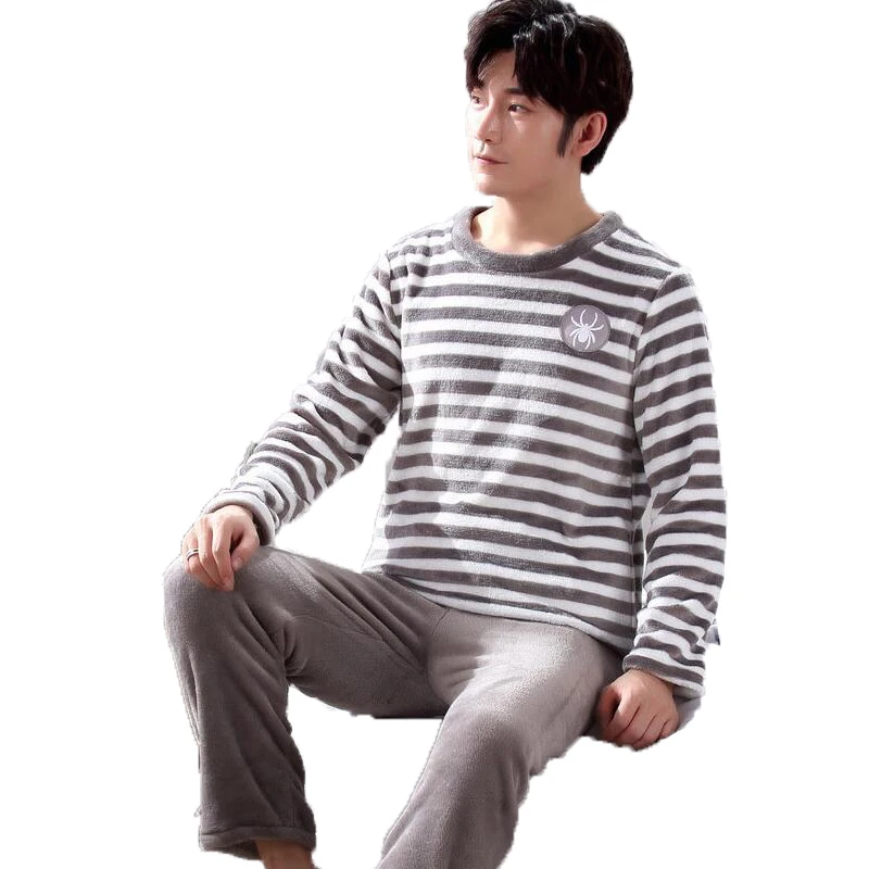 

Winter Flannel Pajama Set Men Round Neck Long Sleeve Sleepwear Pijama Hombre Pyjamas Suit Male Sleep Two Piece Set Loungewear