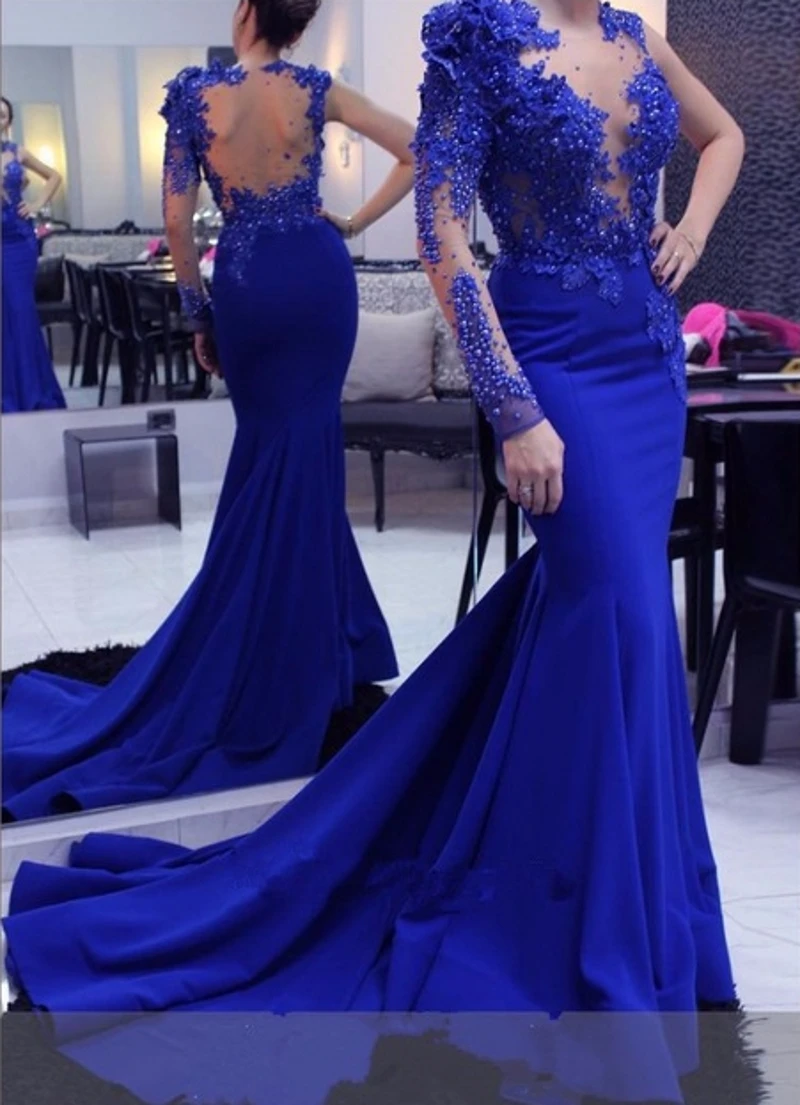 

Long Evening Gowns 2020 Mermaid One Shoulder Long Sleeves Beads Backless Royal Blue Formal Dress Party Gown Prom Robe De Soiree