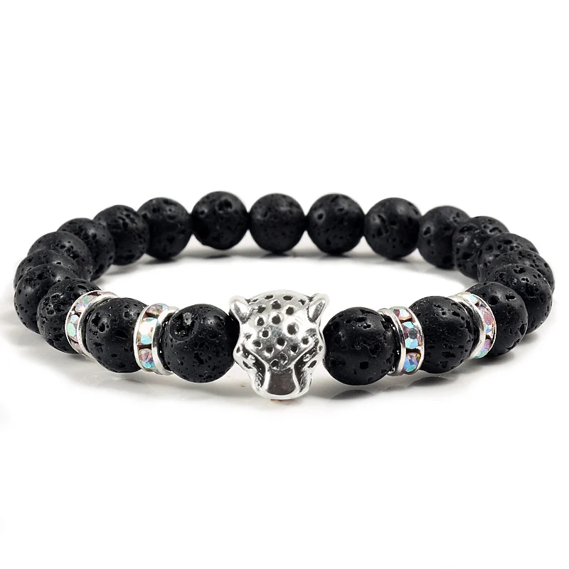Модные мужские черные бриллиантовые браслеты из сплава с головой Пантеры Стразы