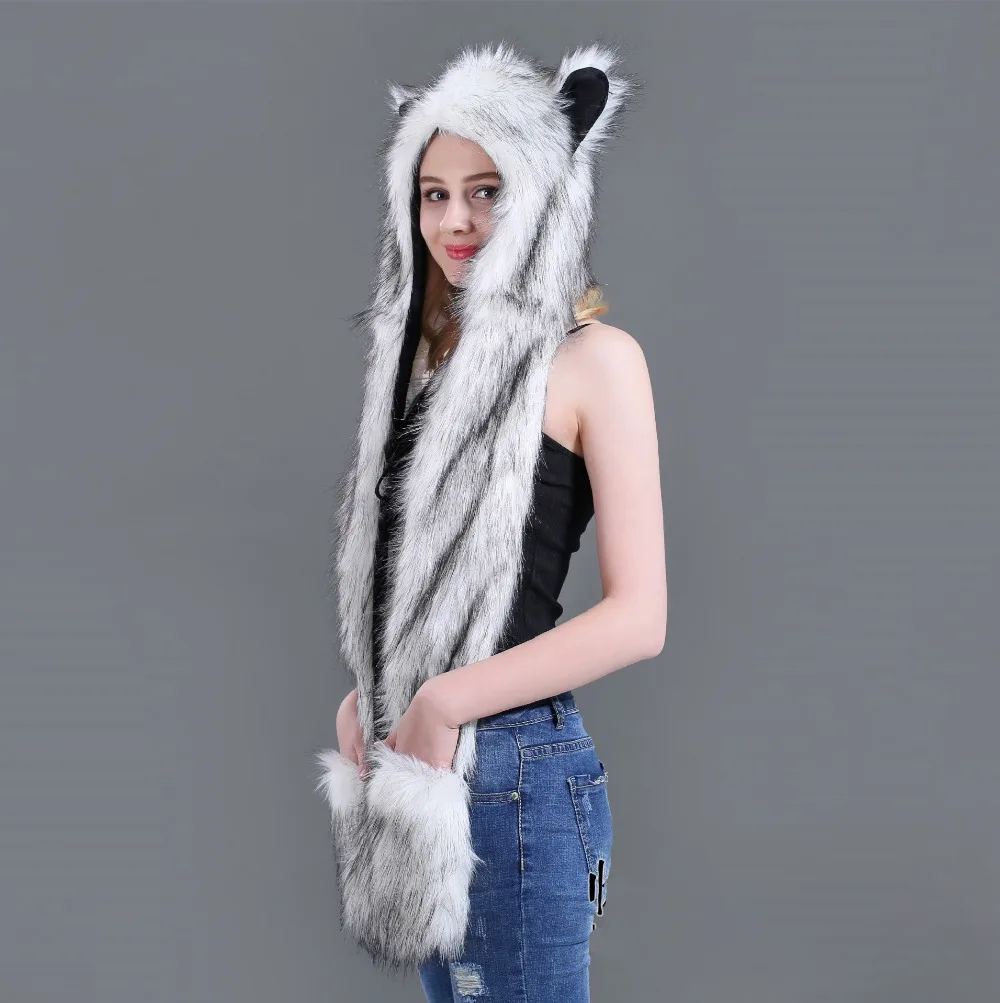 Качество Crazy Fox Драгоценный искусственный мех капюшон Huskie животных шапка с ушками и ручными карманами 3 в 1 Функция