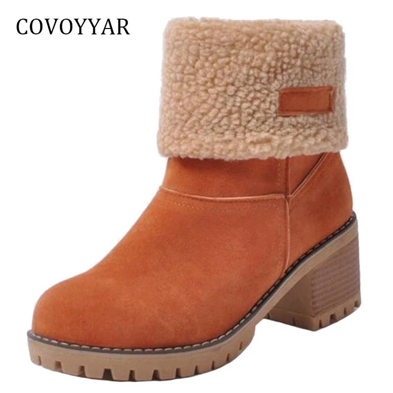 

COVOYYAR 2021 Women Ankle Boots Fur Warm Snow Booties Winter Shoes Comfort Square Heel Foldable Women Shoes Big Sizes WBS826