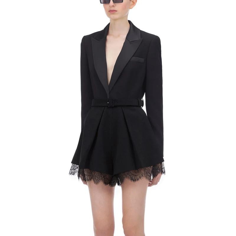 Модный осенне зимний 2019 женский черный блейзер с поясом Комбинезон элегантная
