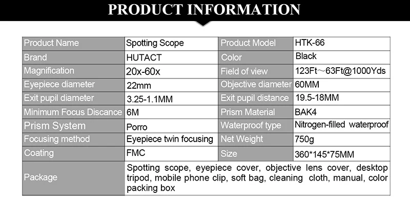 HUTACT Оптическая Труба с зумом для наблюдения за птицами 20-60x60 Telescopio Terrestre охотничий инструмент штатив телефонный адаптер высокой четкости