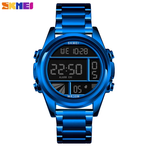Blue SKMEI роскошные мужские спортивные часы хронограф водонепроницаемые часы из нержавеющей стали военные цифровые наручные часы Relogio Masculino - Цвет: Blue