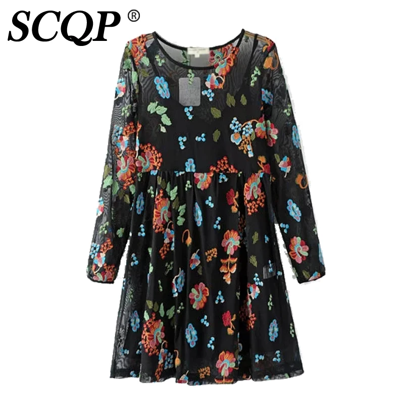 SCQP черный Вышивка цветочный цветы с круглым вырезом летнее платье 2017 длинным