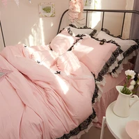 free shipping korean princess lace bow washed cotton bedding 34pcs twin full queen king size ruffles solid color bed skirt set
