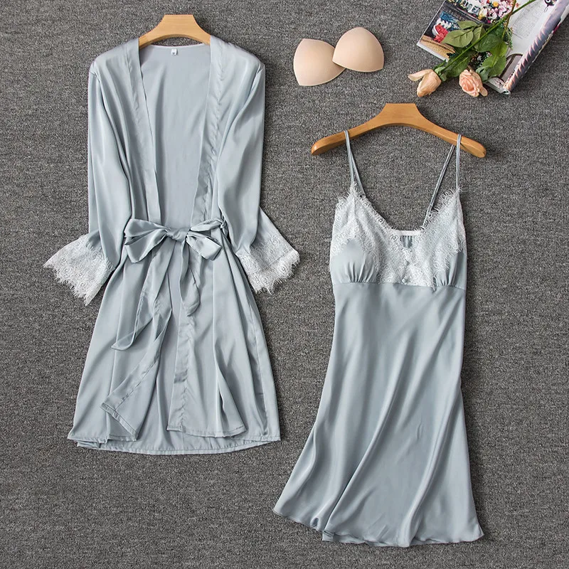 2019 Women Sleepwear Sexy Lace Gown Set Sleep Lounge Indoor Clothing Ladies Nightwear Bathrobe Nightdress With Chest Pads | Женская