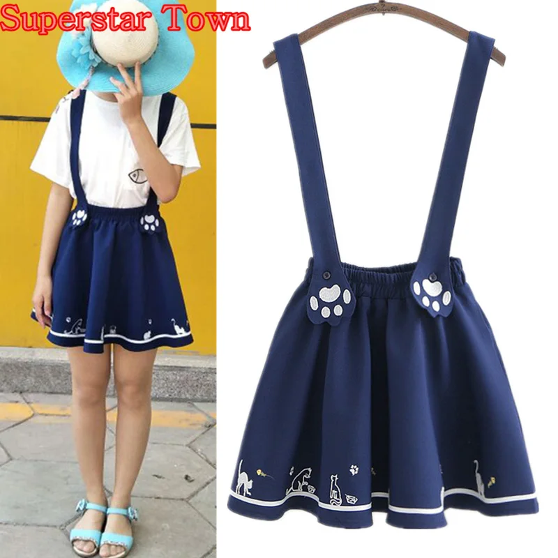

Women Skirt With suspenders Kawaii Lolita Cat Suspender Skirt Summer Harajuku Mori Girl Sweet Female A Line Skirts Vestidos saia