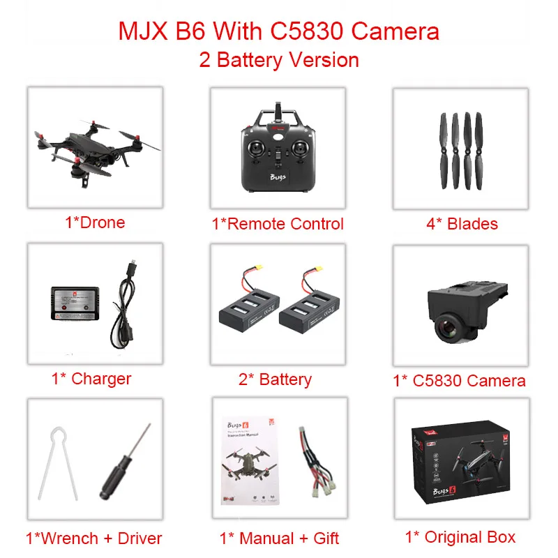 MJX Bugs 6 B6 2,4G RC вертолет высокоскоростной бесщеточный двигатель RC Дрон с камерой FPV передача изображения в реальном времени RC Квадрокоптер - Цвет: B6-withC5830Cam-2Bat