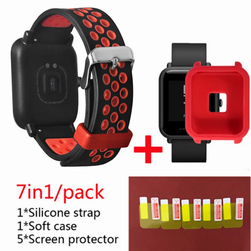 Red 1 Для Xiaomi Huami Amazfit Bip Lightwei ремешок rhythm Lite young умные часы my braceket fit+ силиконовые полосы+ мягкий чехол+ 5 экранная пленка - Цвет: Red 1
